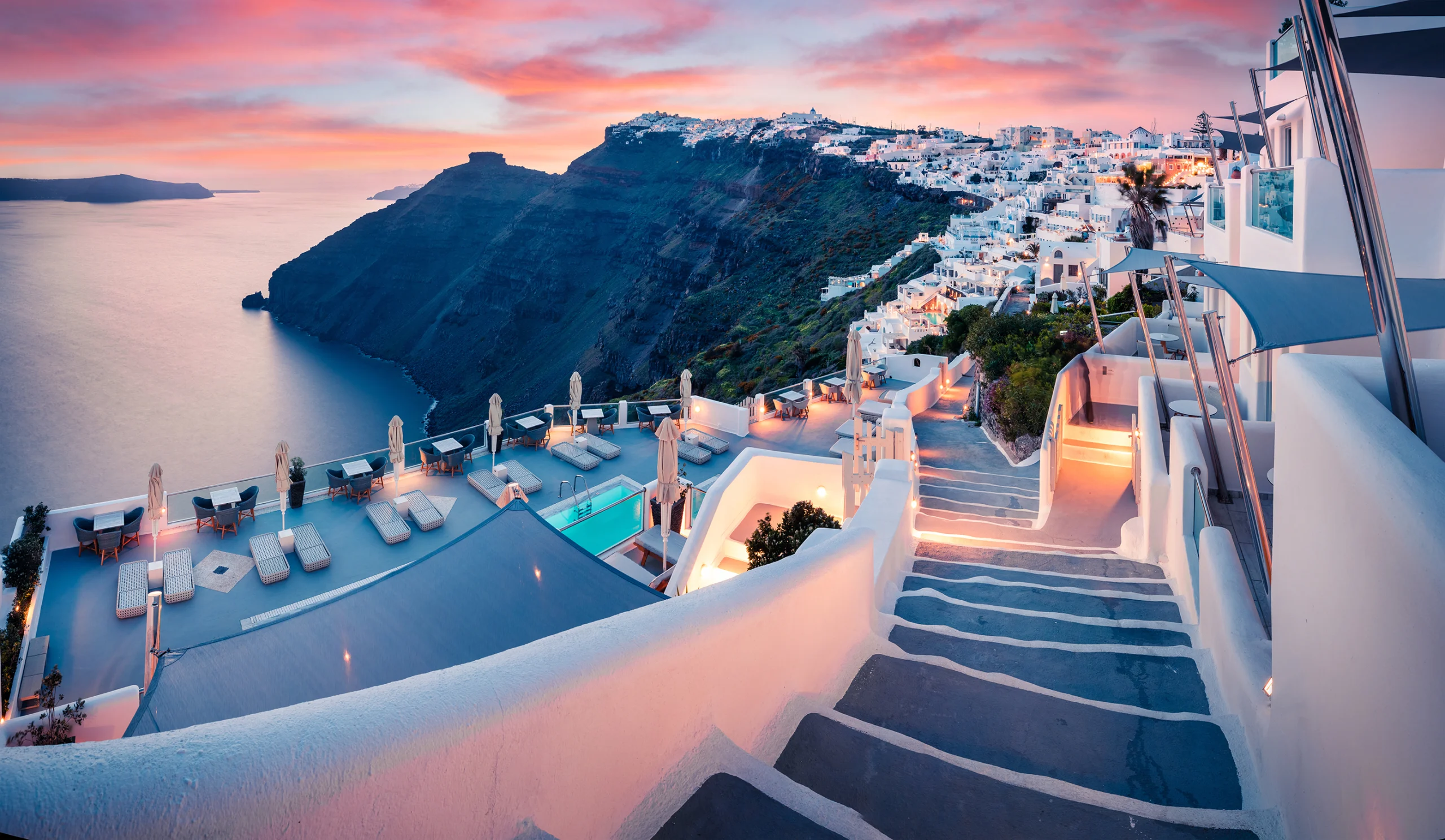 Santorini cliffside at dusk