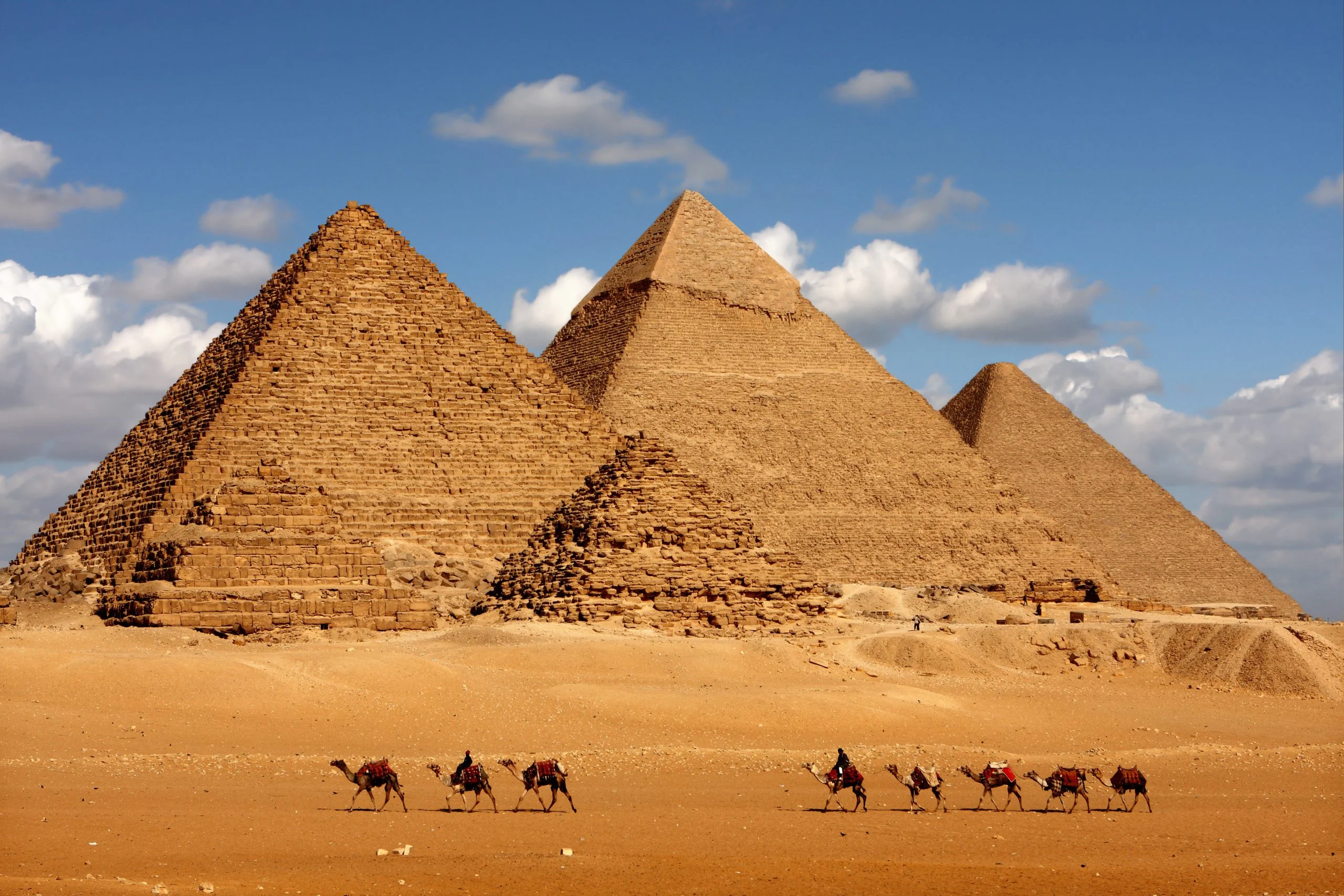 Camel train passing the pyramids of Giza