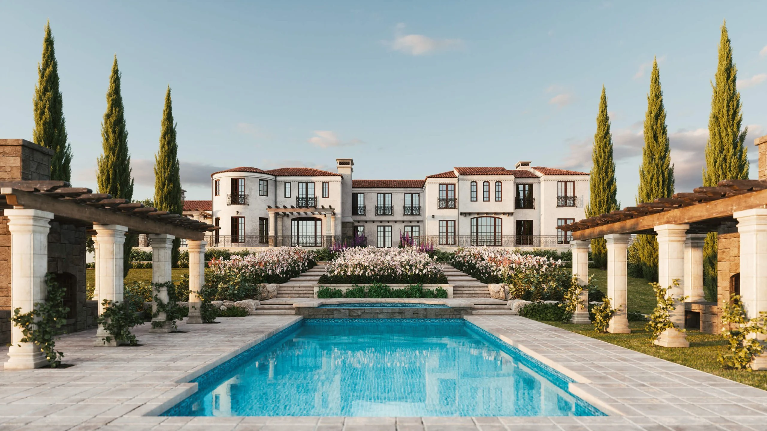 Mediterranean villa with cypress trees and a long pool