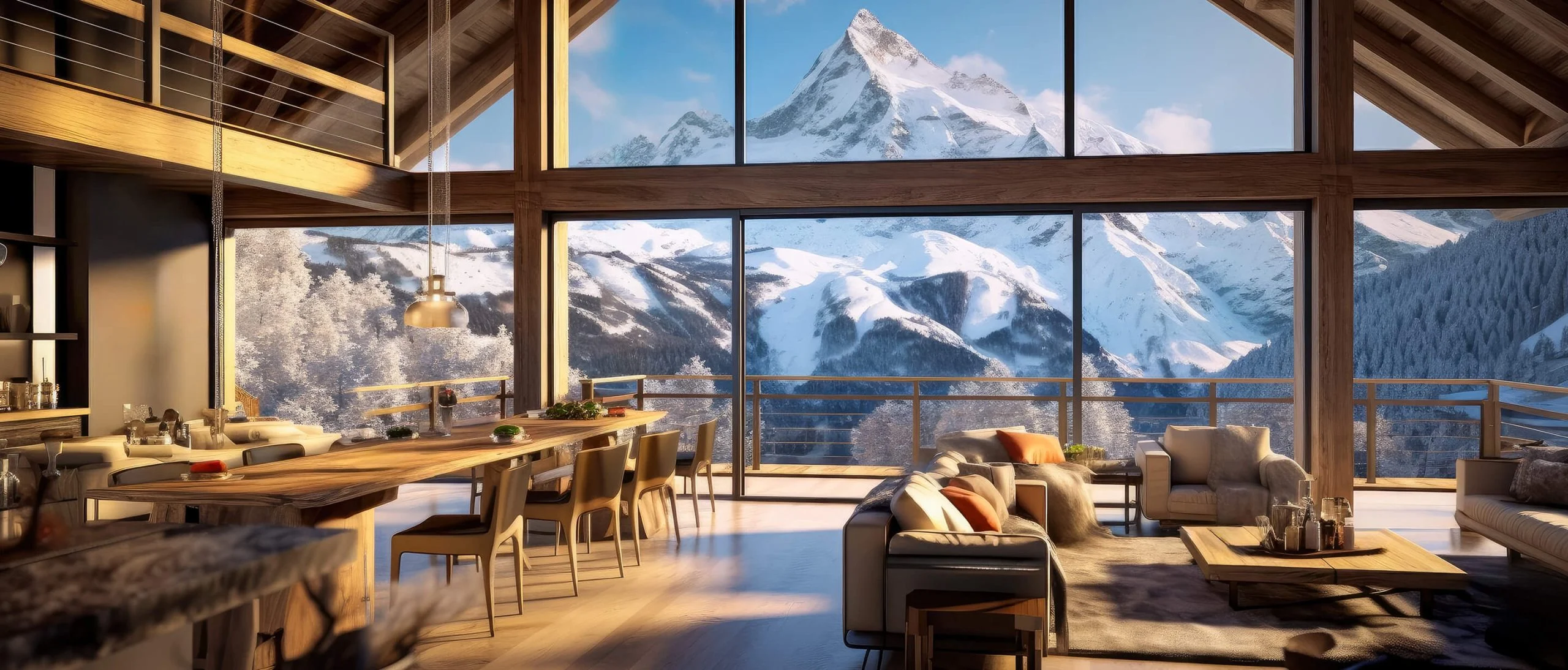 Lodge lounge with floor-to-ceiling windows onto snow-capped peaks
