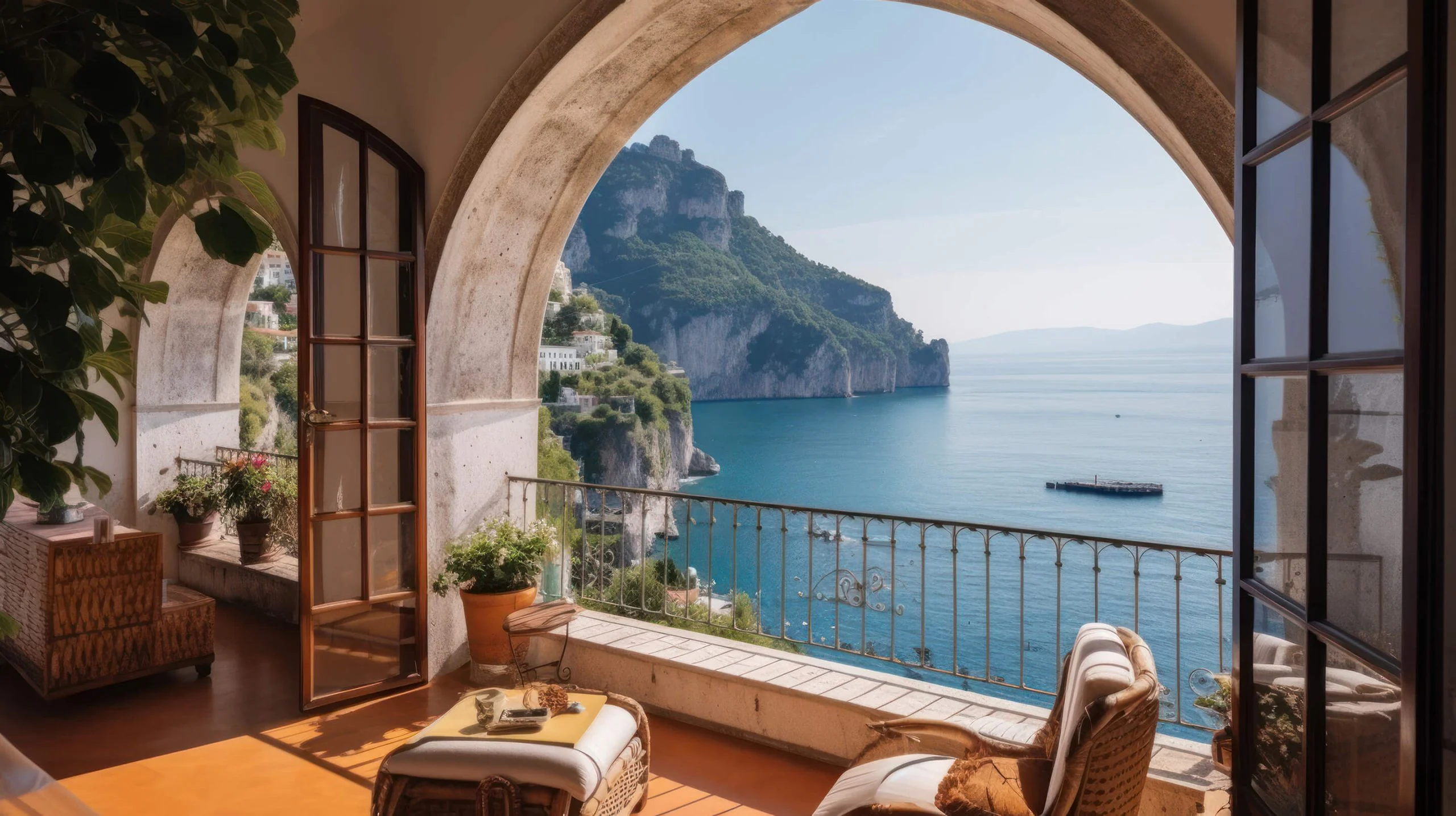 Arched terrace with armchairs looking out to the coastline