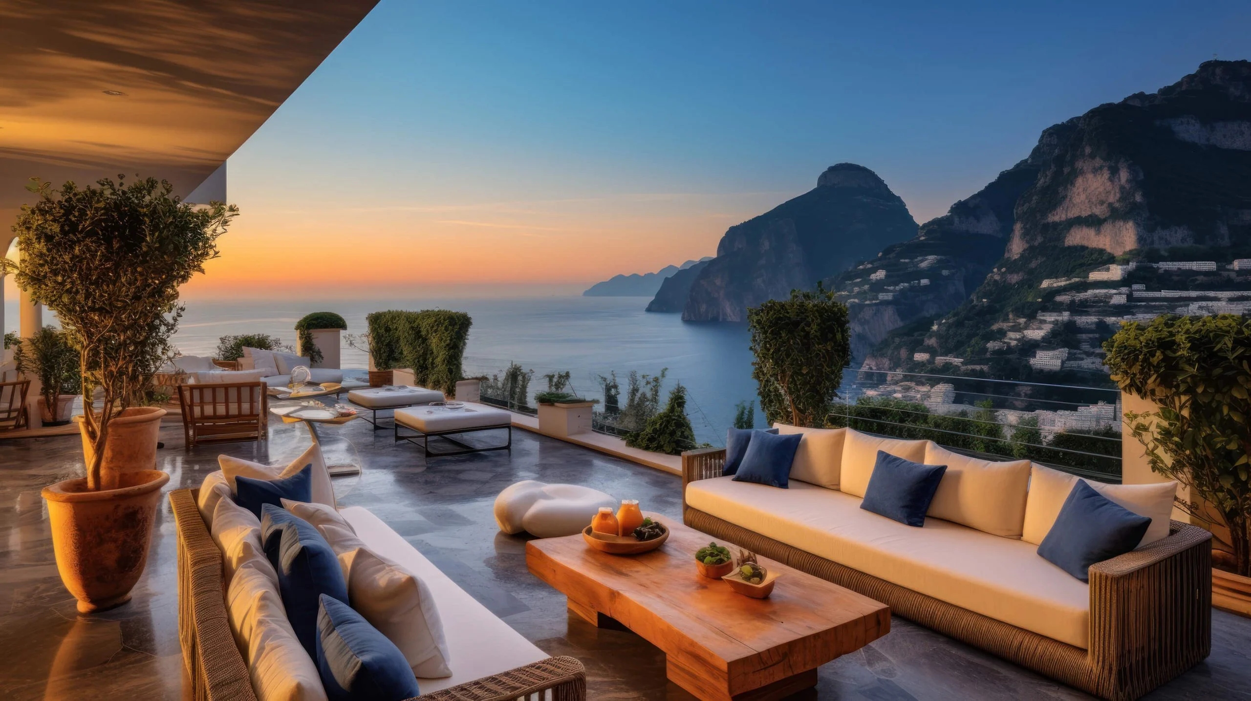 Terrace lounge at dusk above a coastal village