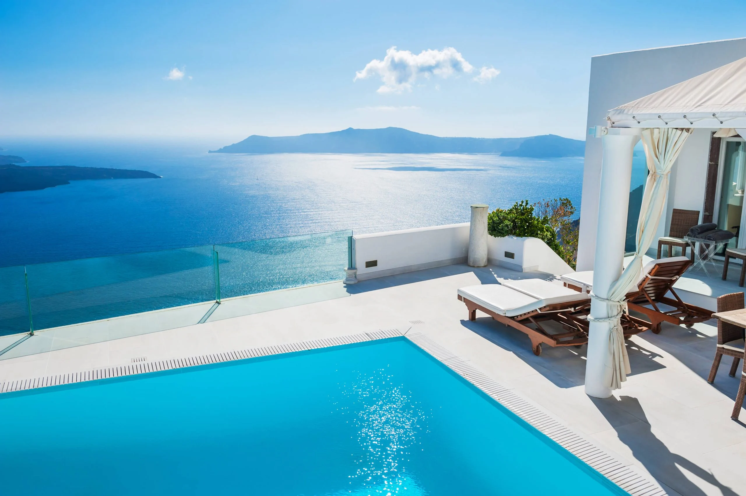 Poolside cabana looking out over the Aegean